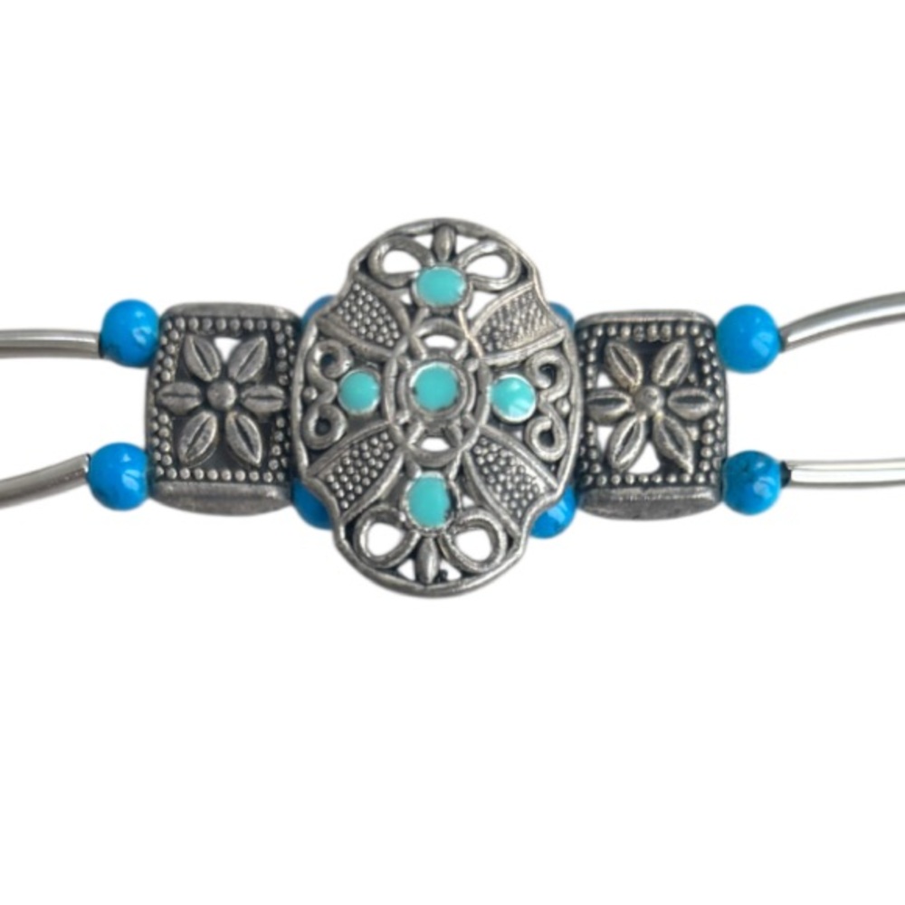 Vintage Silver Cuff Bracelet Handmade Hand Crafted Jewelry Blue Green Turquoise - Picture 15 of 16